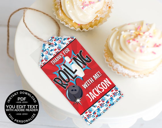 Bowling Party Favor Tag - Red & Blue Bowling Party, Bowling Birthday, Retro Bowling | Editable Text - INSTANT Download PDF Printable Il_570xn