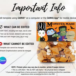 May include: A digital template for a treat bag topper featuring the text Monster Mash and cartoon illustrations of a bride of Frankenstein, a vampire, Frankenstein's monster, and a mummy against an orange background with black bats.