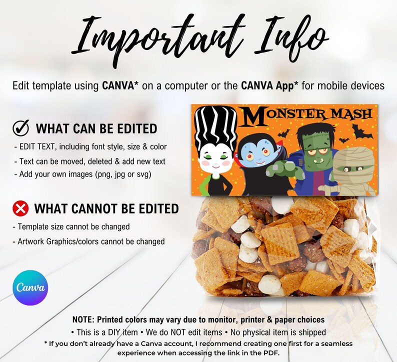 May include: A digital template for a treat bag topper featuring the text Monster Mash and cartoon illustrations of a bride of Frankenstein, a vampire, Frankenstein's monster, and a mummy against an orange background with black bats.