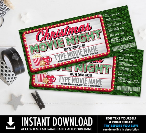 Movie Night Ticket Gift Certificate, Movie Ticket, Movie Marquee Surprise Ticket | Self-Edit with CORJL - INSTANT DOWNLOAD Printable Il_570xn