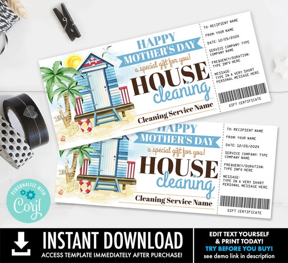 House Cleaning Mother's Day Gift Certificate,Maid Service,Beach House,Summer,Gift Voucher|Personalize using CORJL-INSTANT DOWNLOAD Printable