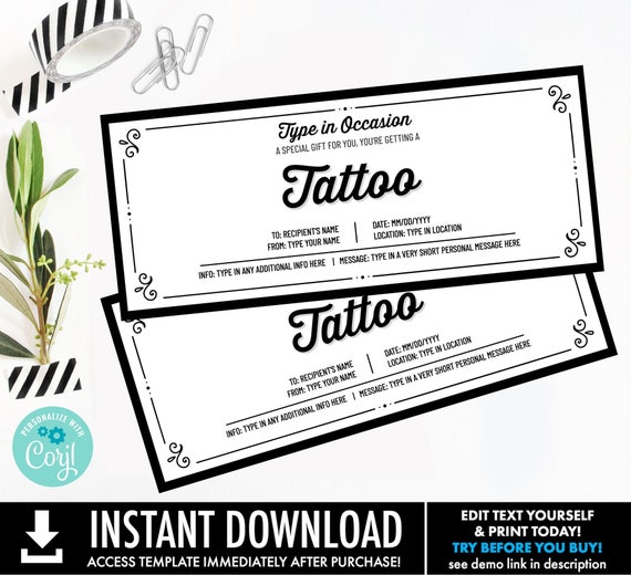 Tattoo Gift Voucher Any Occasion,It's time to get inked,Gift Reaveal,Gift Certificate | Personalize using CORJL–INSTANT DOWNLOAD Printable