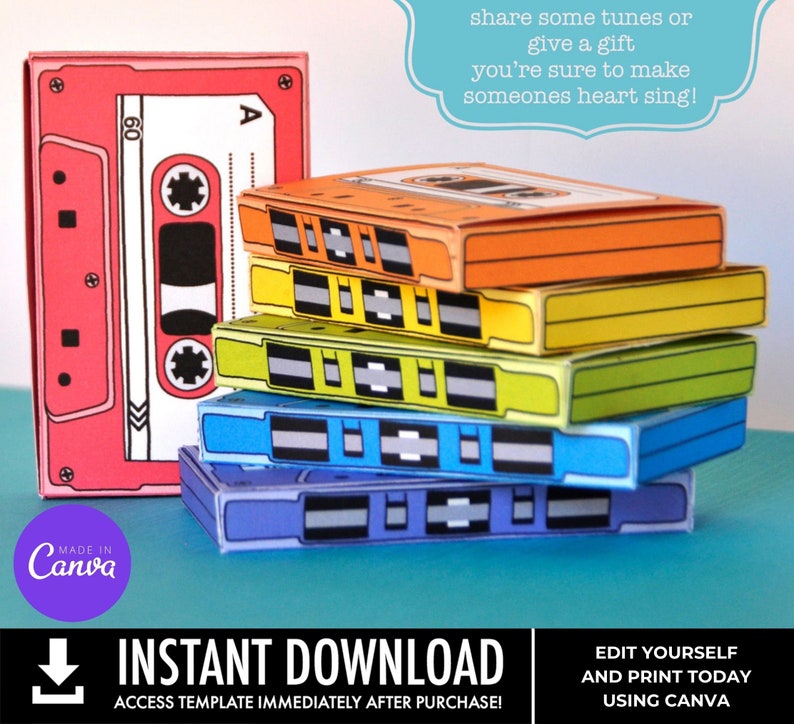 Cassette Tape Box 7 EDITABLE boxes, gift card holder, party favor boxes Personalize Text using CANVAInstant Download Printable Template image 4