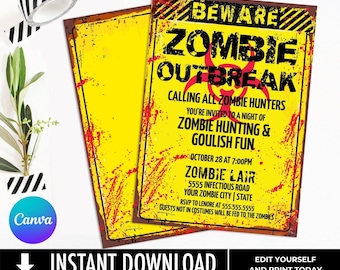 Invitación para fiesta de zombis: fiesta de brote de zombis, invitación de Halloween, invitación para fiesta de disfraces / Autoedición con CANVA - DESCARGA INSTANTÁNEA Imprimible