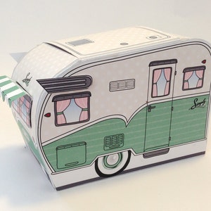 Caja RV Camper Trailer de la década de 1950, Caravan Box, caja de cupcakes, caja de tarjetas de regalo, GREEN Camper Favor Box/ Insatnt Descargar D.I.Y. PDF imprimible Ki