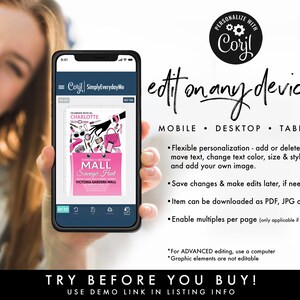 May include: A mobile phone screen displaying a pink and black birthday party invitation for a mall scavenger hunt. The invitation says "Celebrate with Charlotte Turning 15 Birthday Mall Scavenger Hunt Victoria Gardens Mall". The phone screen also shows a menu bar with the words "Coril SimplyEverydayMe".