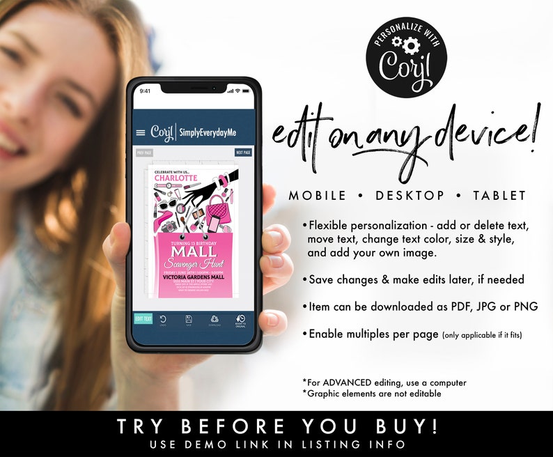 May include: A mobile phone screen displaying a pink and black birthday party invitation for a mall scavenger hunt. The invitation says "Celebrate with Charlotte Turning 15 Birthday Mall Scavenger Hunt Victoria Gardens Mall". The phone screen also shows a menu bar with the words "Coril SimplyEverydayMe".