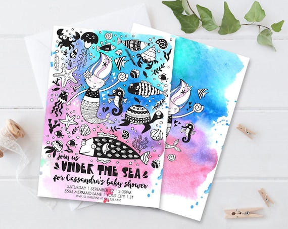 Mermaid Baby Shower Invitation - Under the Sea Birthday, Mermaid Shower, Self-Editing Text | DIY Editable Text INSTANT DOWNLOAD Printable Il_570xn