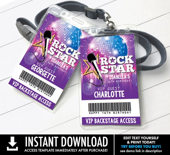 Rockstar Party VIP Badge, Party like a Rockstar, Rock n Roll, Backstage Pass | Self-Edit with CORJL - INSTANT Download Printable Template