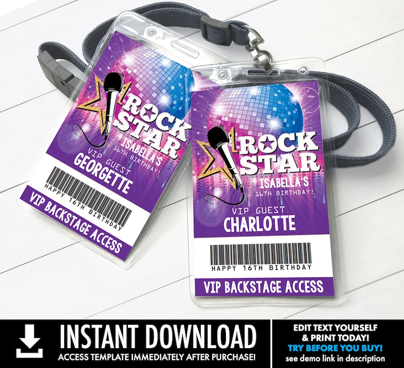 Rockstar Party VIP Badge, Party like a Rockstar, Rock n Roll, Backstage Pass Self-Edit with CORJL INSTANT Download Printable Template image 1