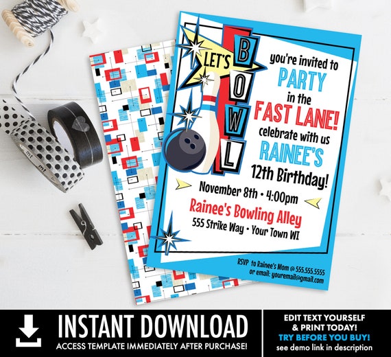 Bowling Invitations - Red Blue Bowling Party, Bowling Birthday, Retro Bowling | You Personalize using CORJL - INSTANT DOWNLOAD Printable