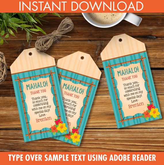 Luau Favor Tag - Hawaiian Party Thank You Tag, Gift Tag, Yellow/Orange, Self-Editing | DIY Editable Text INSTANT DOWNLOAD Printable Il_570xn