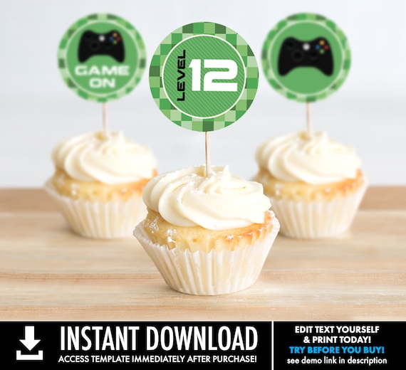 Video Game Party 2" Round Cupcake Toppers, or use a 2.5" Square Video Gamer Birthday Favor Tag | Edit with CORJL–INSTANT DOWNLOAD Printable