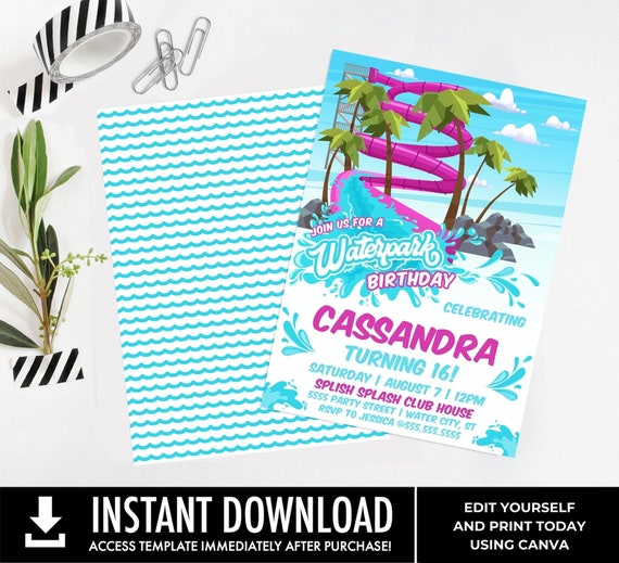 Waterpark Party Invitation - Waterslide Invite, Water Park Party, Pool Party | Edit with CANVA-INSTANT DOWNLOAD Printable Template