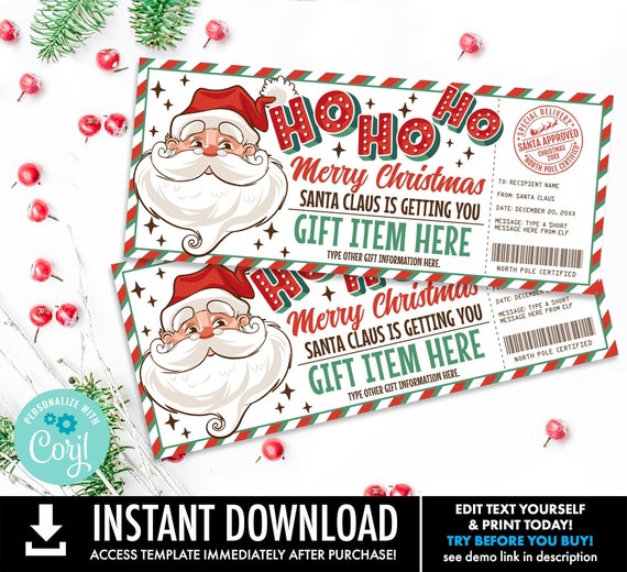 Santa Gift Voucher-Retro Santa Gift Certificate, Vintage Santa, Printable Gift, Nice List | Self-Edit with CORJL-INSTANT Download Printable