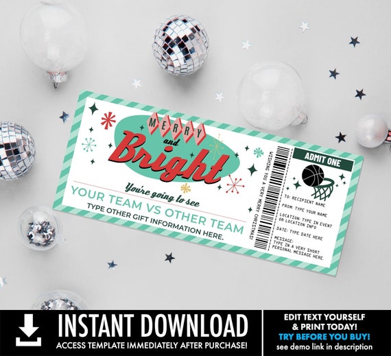 Basketball Ticket Christmas Gift - Surprise Game Ticket, Gift Voucher Certificate | You Personalize with CORJL - INSTANT DOWNLOAD Printable