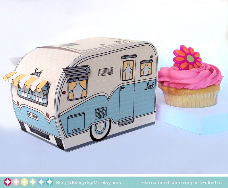 1950s RV Camper Trailer box, Caravan Box, cupcake box, gift card box, BLUE camper favor box Instant Download D.I.Y. Printable PDF Kit image 1