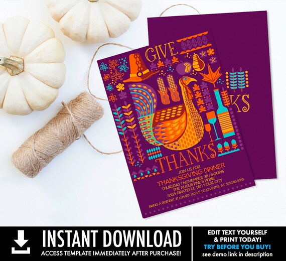 Thanksgiving Dinner Invitation, Thanksgiving Dinner Invite,Thanksgiving Turkey Invite | Self-Editing with CORJL - INSTANT DOWNLOAD Printable Il_570xn