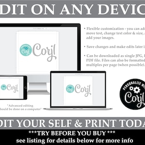 May include: A digital product mockup showing a customizable template with the text "Coryl" in a teal blue color. The template can be edited on any device and downloaded as a JPG, PNG, or PDF file. The text "Edit on any device" and "Edit your self & print today" is also included in the image.