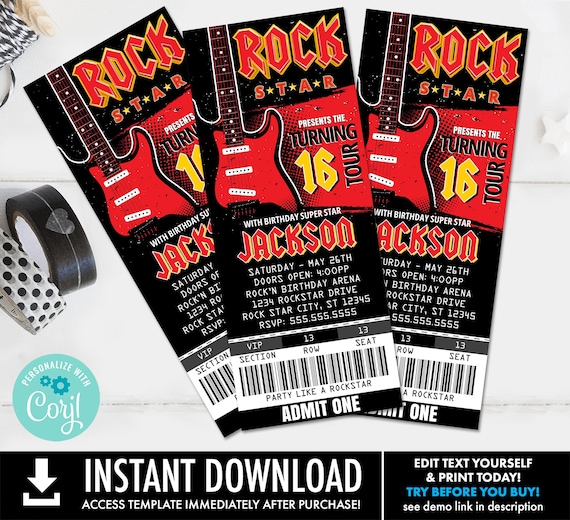Rockstar Party Ticket Invitations - Party like a Rockstar- Rock n Roll Birthday | Self-Edit with CORJL - INSTANT DOWNLOAD Printable Template