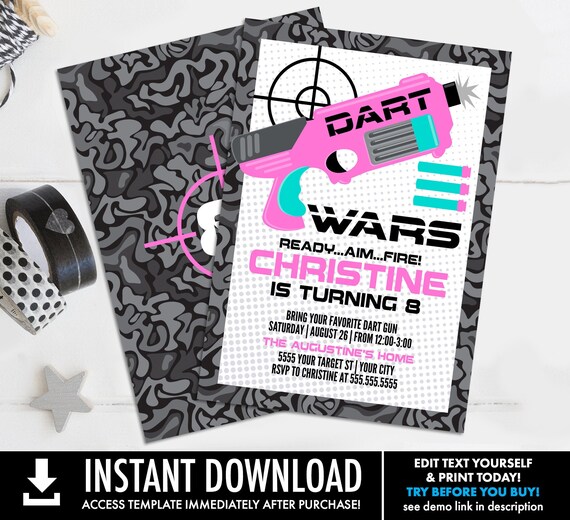 Dart Wars Party Invitation - Girl Dart Wars Party Invite, Target invite | Self-Editing with CORJL - INSTANT DOWNLOAD Printable
