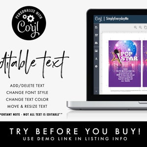 Op de afbeelding: Bewerkbare teksttemplate voor een popster-themafeest. De sjabloon bevat een microfoon, een discobal en de tekst "Pop Star". De tekst is aanpasbaar en kan worden gewijzigd om de naam van de eregast van het feest op te nemen.