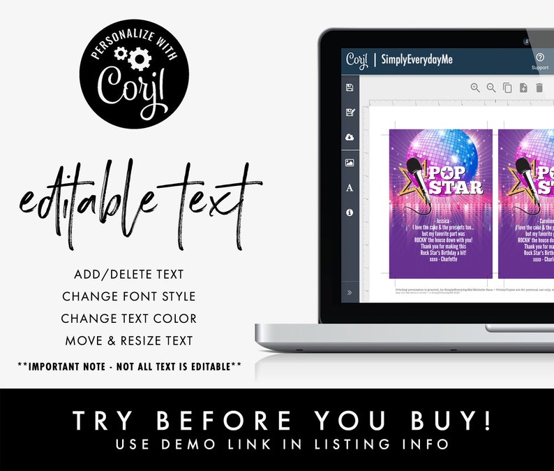 Op de afbeelding: Bewerkbare teksttemplate voor een popster-themafeest. De sjabloon bevat een microfoon, een discobal en de tekst "Pop Star". De tekst is aanpasbaar en kan worden gewijzigd om de naam van de eregast van het feest op te nemen.