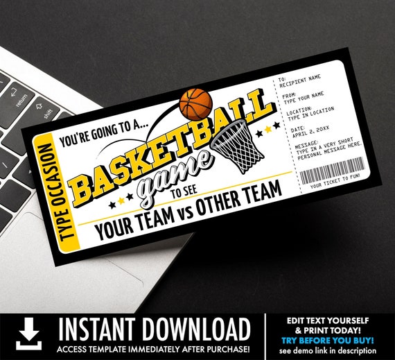 Basketball Ticket Gift Editable Template - Surprise Basketball Game Ticket, Any Occasion | Self-Edit with CORJL - INSTANT DOWNLOAD Printable