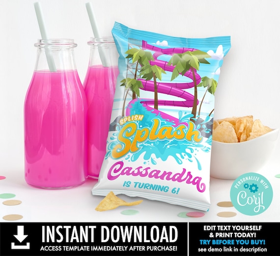 Waterslide or Waterpark Birthday Party, Chip Bag Wrapper, Chip Bag Wrap,Party Favor | You Personalize using CORJL–INSTANT DOWNLOAD Printable