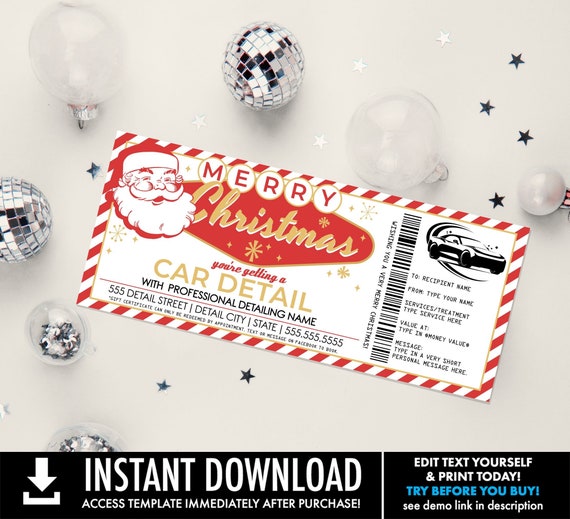 Christmas Car Detail Gift Certificate,Car Detailing Surprise Gift Voucher,Merry & Bright | Self-Edit with CORJL - INSTANT DOWNLOAD Printable