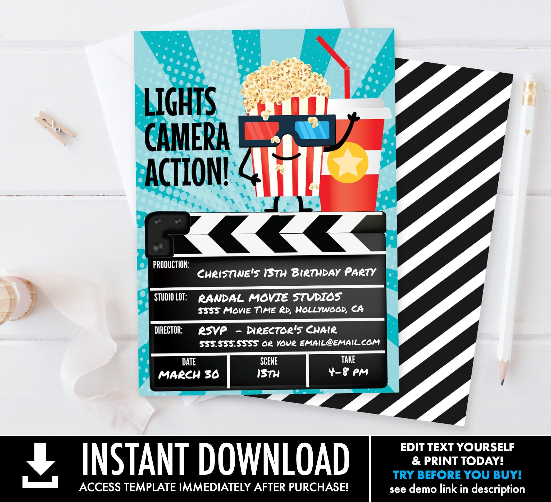 MOVIE INVITATION CINEMA Invitation Birthday Party Invitation Editable