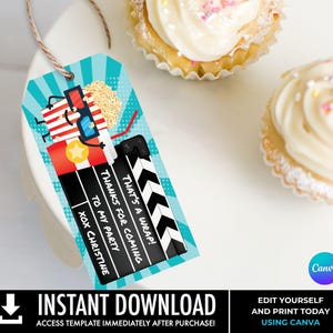 Etiqueta para lembrancinhas de festa de filme - Etiqueta de aniversário de filme, Etiqueta de agradecimento, Lembrancinhas para festa de aniversário | Autoedição com CANVA - DOWNLOAD INSTANTÂNEO Modelo para impressão