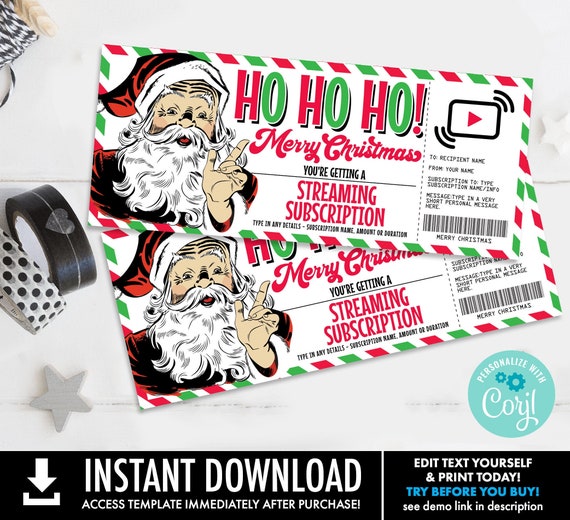 Christmas Streaming Subscription Gift Certificate, Streaming Service Gift Voucher| Self-Edit with CORJL-INSTANT DOWNLOAD Printable