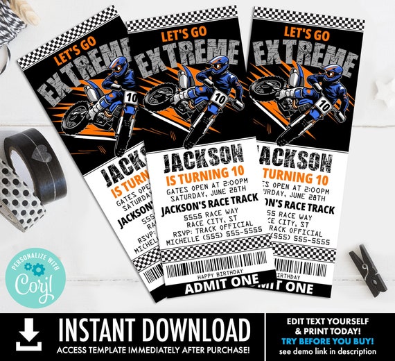 Dirt Bike Motorcycle Motorcross Birthday Party Invitations | Self-Edit with CORJL - INSTANT DOWNLOAD Printable Template Il_570xn
