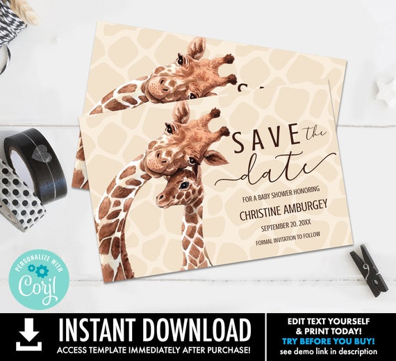 Giraffe Baby Shower Save the Date Cards, Safari Shower, Save the Date Shower | Self-Editing with CORJL - INSTANT DOWNLOAD Printable