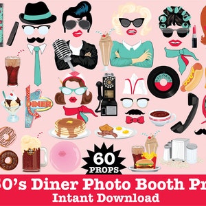 Könnte beinhalten: 60 druckbare Fotobooth-Requisiten im Stil der 1950er Jahre Diner. Die Requisiten umfassen eine Vielzahl von Gegenständen wie einen Jukebox, ein Diner-Schild, Milchshakes, Hotdogs und ein Telefon. Die Requisiten sind perfekt für eine Party oder Veranstaltung im Stil der 1950er Jahre.