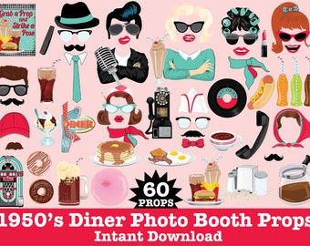 1950s Photo Booth Props, Grease Party, Fifties Party, Rock n Roll Party, Sock Hop, Diner -  Instant Download PDF - 60 DIY Printable Props