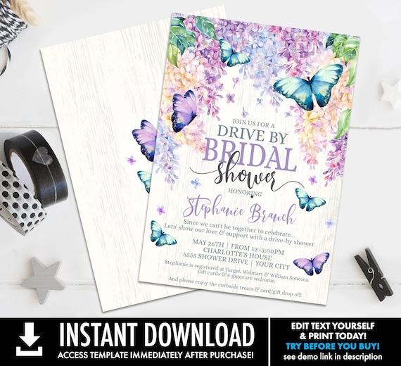 Butterfly Drive-By Bridal Shower Invitation - Butterfly Shower, Drive-By Shower | Self-Editing with CORJL - INSTANT DOWNLOAD Printable