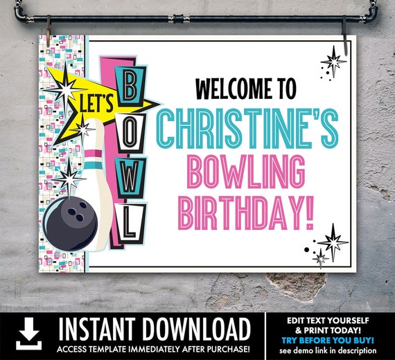 Bowling Party Welcome Sign–18X24 Sign,Bowling Bash Sign,Retro Bowling,Party Sign | You Personalize using CORJL - INSTANT DOWNLOAD Printable