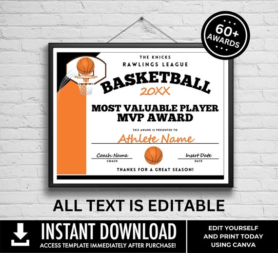 Customizable End-of-Season Basketball Award Certificate, Celebrations, Basketball Team Party Printable | Edit with CANVA–INSTANT DOWNLOAD