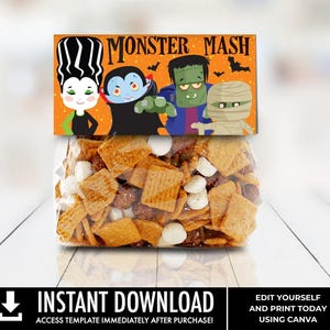 May include: A clear plastic bag filled with a snack mix of square cereal pieces, chocolate-covered items, and white marshmallows, topped with a rectangular orange card featuring the text Monster Mash and cartoon illustrations of four monsters.