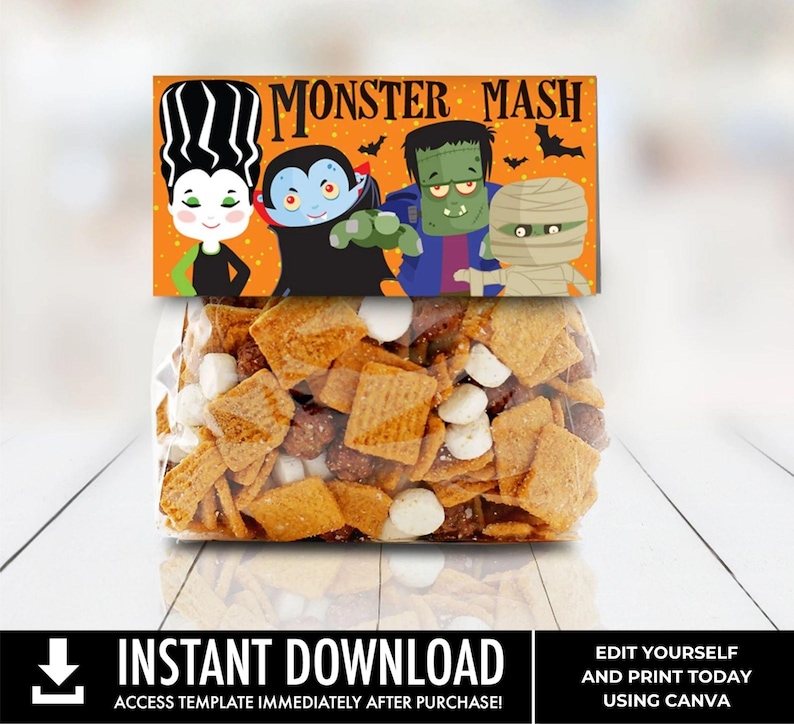 May include: A clear plastic bag filled with a snack mix of square cereal pieces, chocolate-covered items, and white marshmallows, topped with a rectangular orange card featuring the text Monster Mash and cartoon illustrations of four monsters.