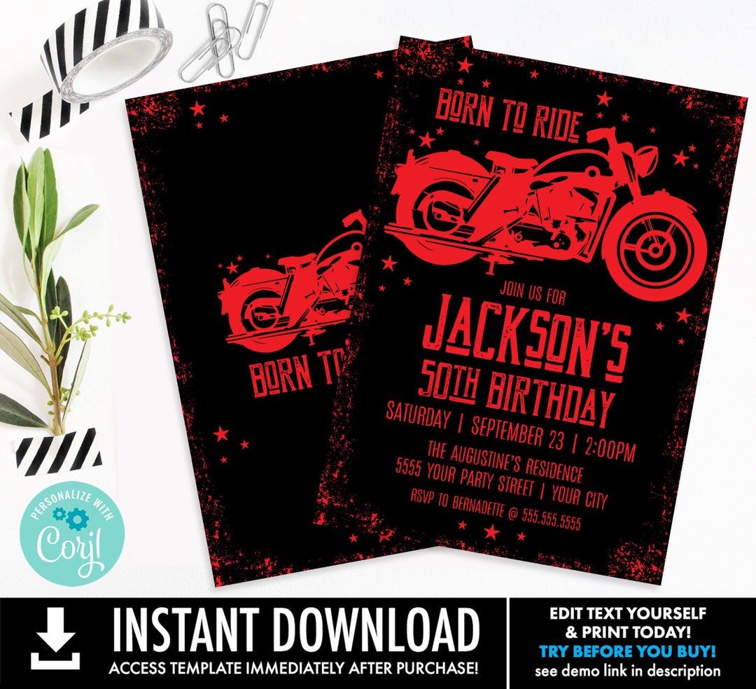 Motorcycle Party Invitation - Born to Ride, Born to Be Wild, Birthday ...