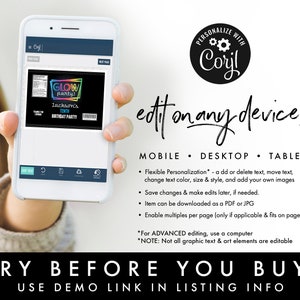 May include: A mobile phone screen displaying a digital invitation template for a birthday party. The template features a neon glow party theme with the text "Glow Party!" and "Jackson's Tenth Birthday Party!" The phone screen also shows editing tools for customizing the template.