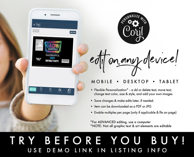 May include: A mobile phone screen displaying a digital invitation template for a birthday party. The template features a neon glow party theme with the text "Glow Party!" and "Jackson's Tenth Birthday Party!" The phone screen also shows editing tools for customizing the template.
