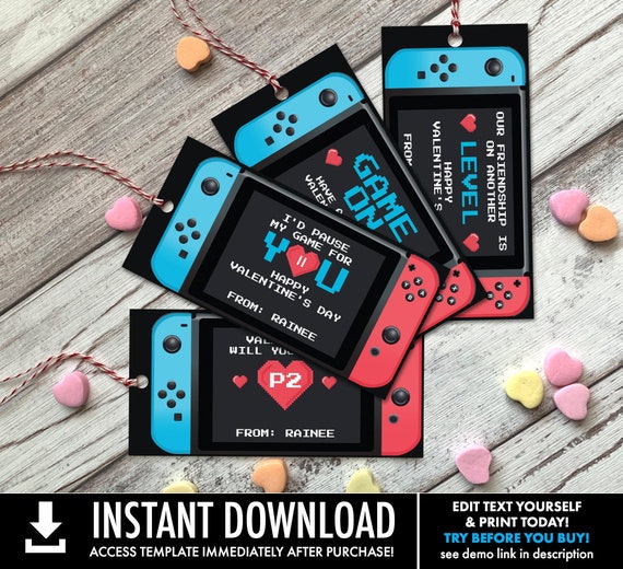 VALENTINE Switch Favor Tag- 4 Different Video Game Favor Tags, Valentine Class Card/Tag | Self-Edit with CORJL - INSTANT Download Printable Il_570xn