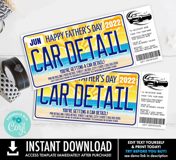 Father's Day Car Detailing Gift Certificate,License Plate Car Detail Surprise Gift Voucher | Self-Edit with CORJL-INSTANT DOWNLOAD Printable