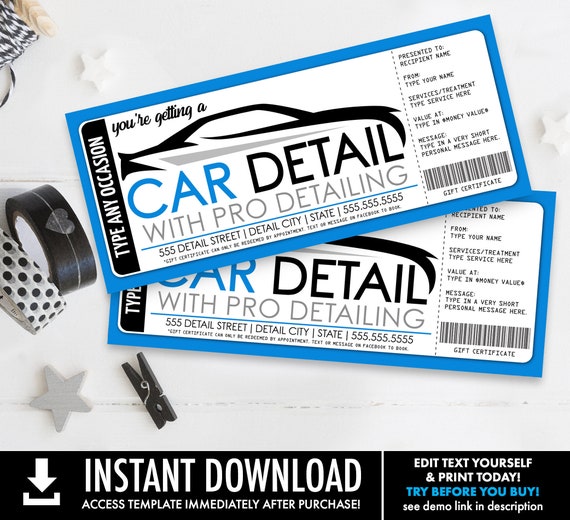 Car Detailing Gift Certificate, Car Detail Surprise Gift Voucher | Self-Edit with CORJL - INSTANT DOWNLOAD Printable Template