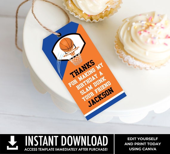 Basketball Favor Tag - Basketball Party, Basketball Birthday, Thank You Tag - Blue | Personalize using CANVA - INSTANT Download Printable