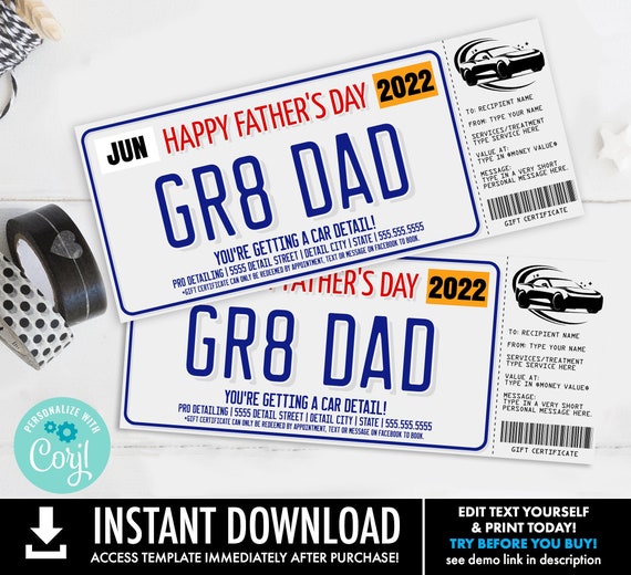 Father's Day Car Detailing Gift Certificate,License Plate Car Detail Surprise Gift Voucher | Self-Edit with CORJL-INSTANT DOWNLOAD Printable